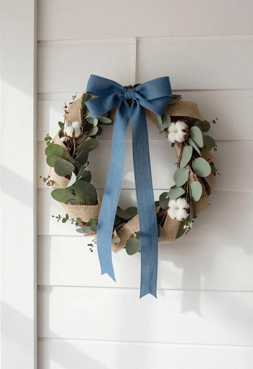 Patriotic burlap wreath with cool blue ribbon hanging against a white shiplap wall