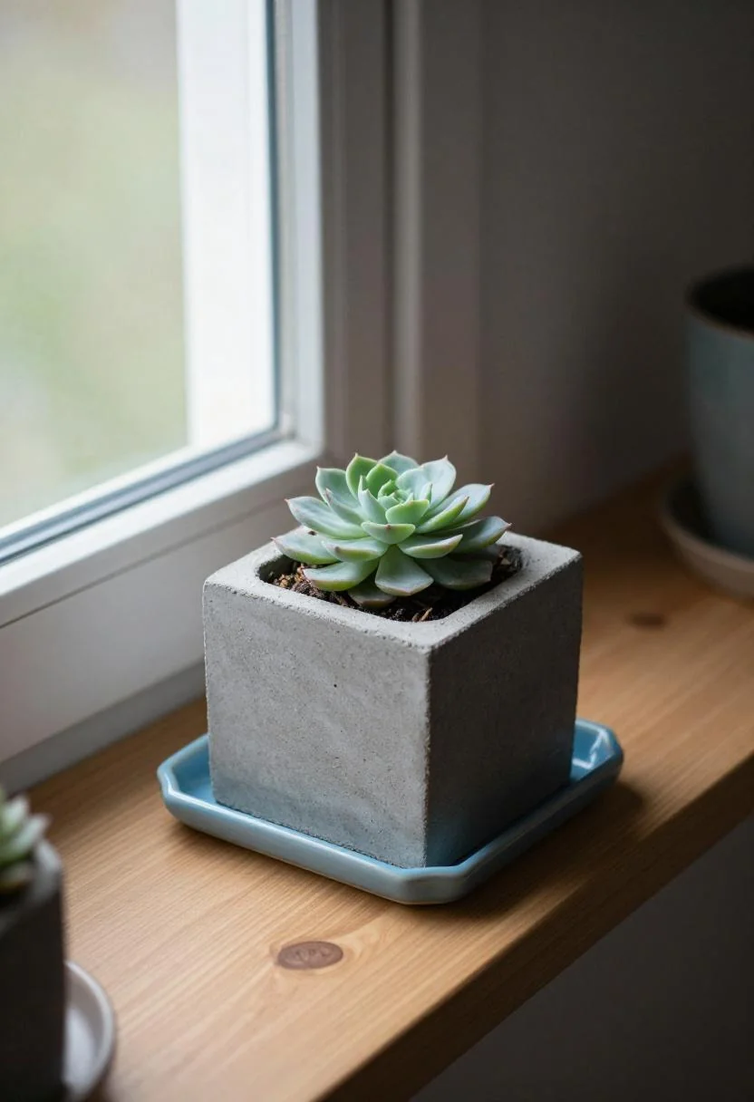 Handmade concrete planter with succulent on a windowsill with a cool blue tray
