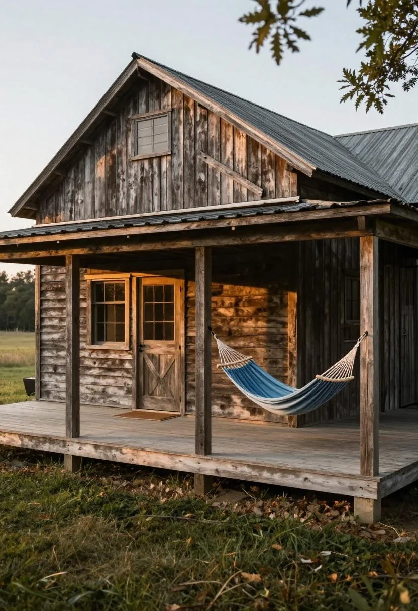 Cedar barndominium porch with a cool blue linen hammock at golden hour
