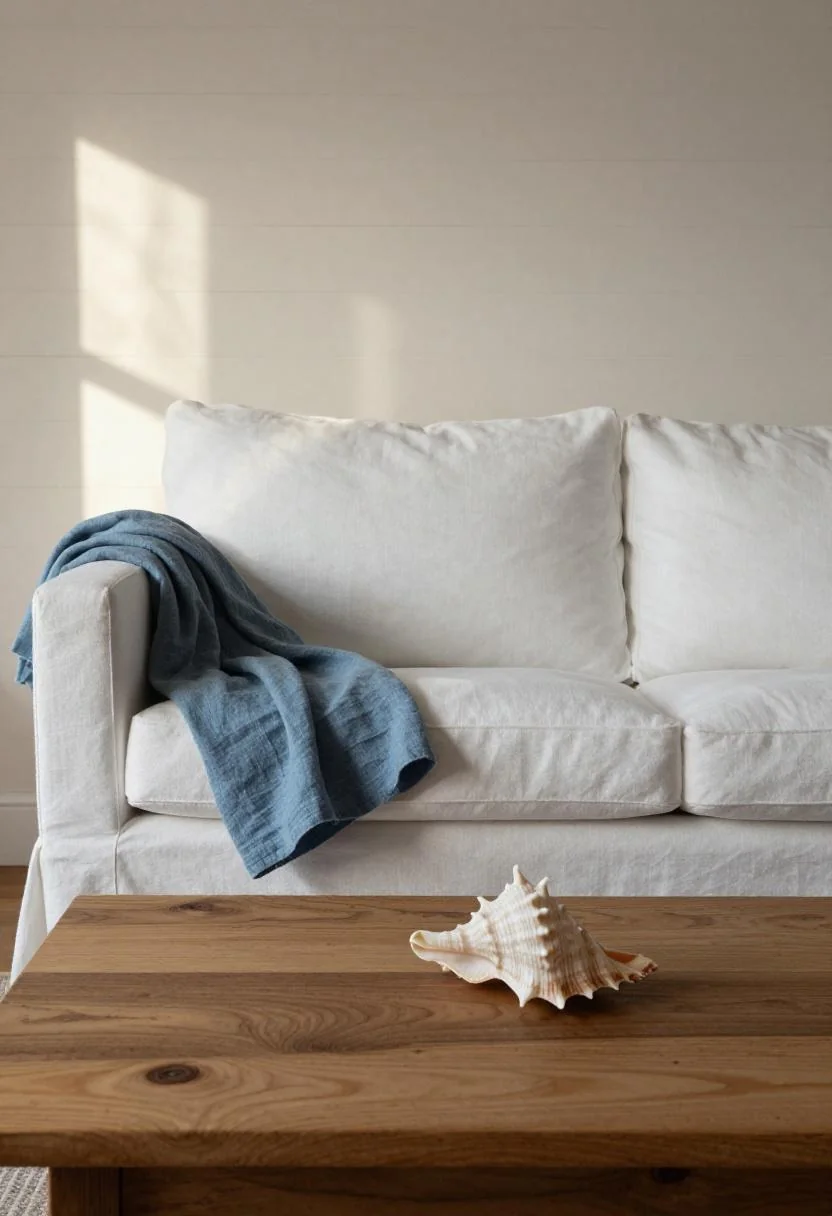 White linen sofa with bleached oak side table and cool blue throw in a sun-filled Hamptons living room