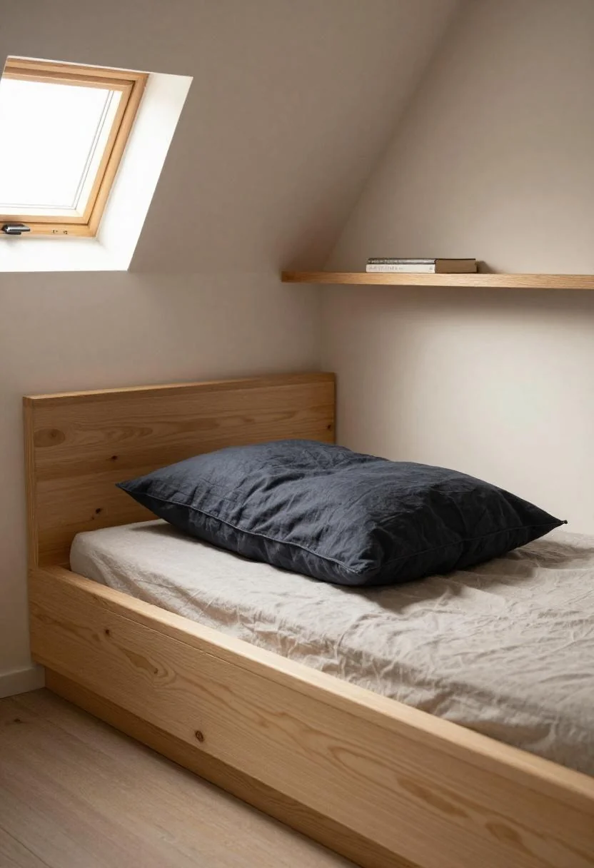 Built-in pine sleeping nook with plum noir linen accent in a camper interior