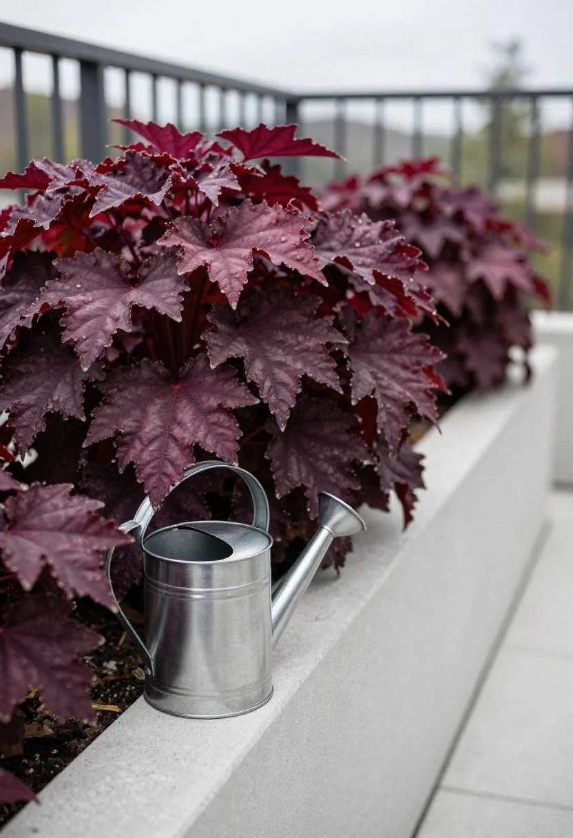 Plum heuchera in a concrete deck planter beside a steel watering can under soft overcast light
