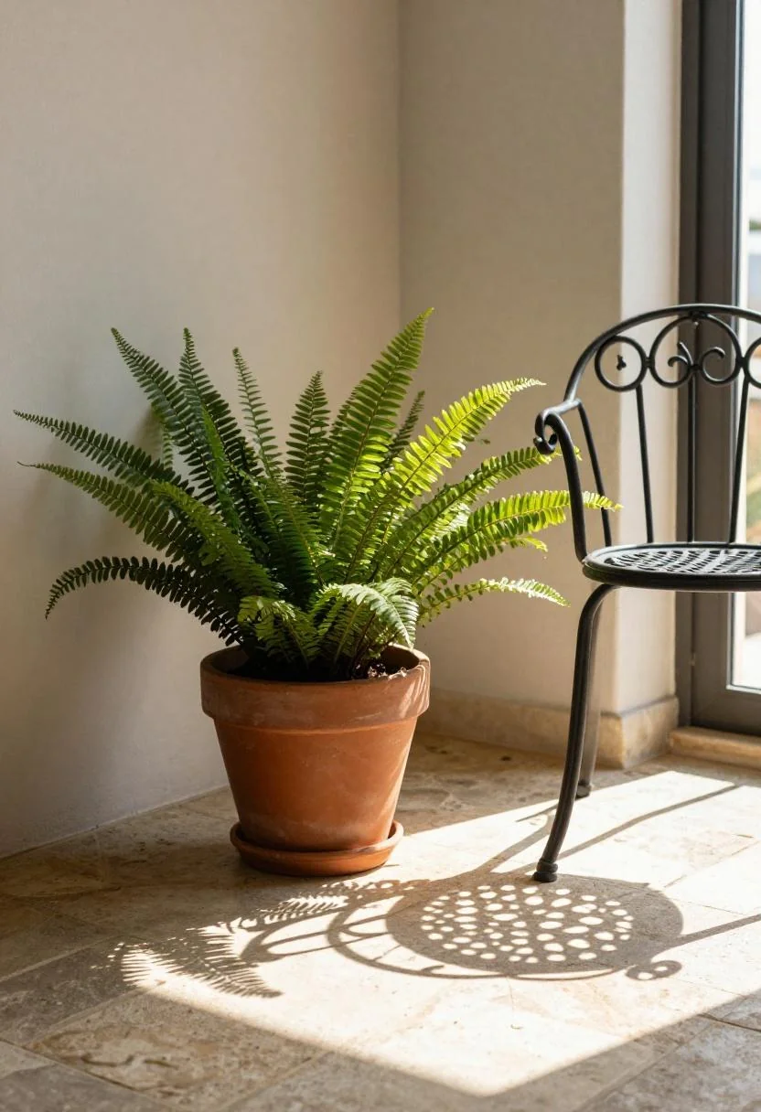Plum-noir terracotta pot with lush Kimberly Queen fern beside a wrought iron bistro chair on a Mediterranean stone patio