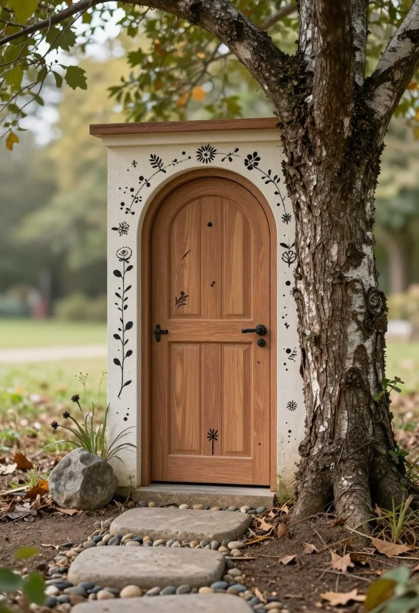 Plum-painted miniature fairy door set into a birch trunk with a pebble path