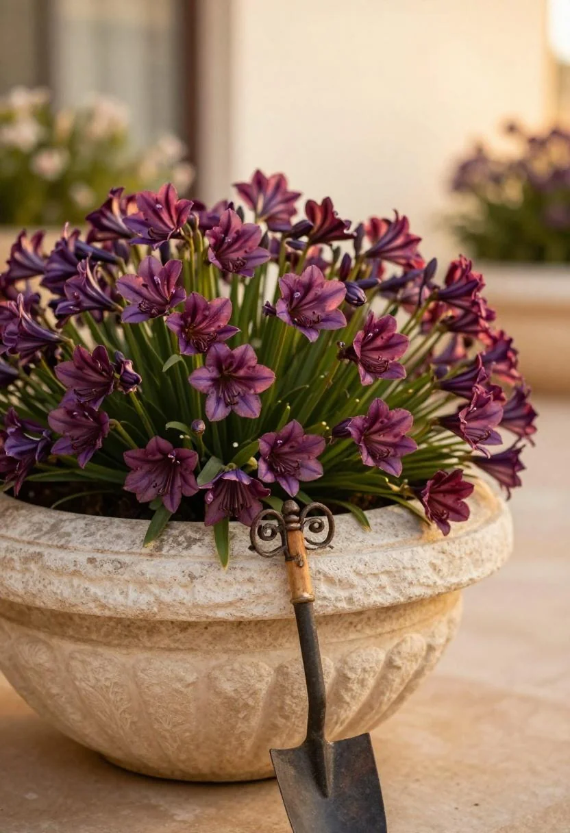 Deep plum agapanthus spilling from a stone planter in warm Mediterranean patio light