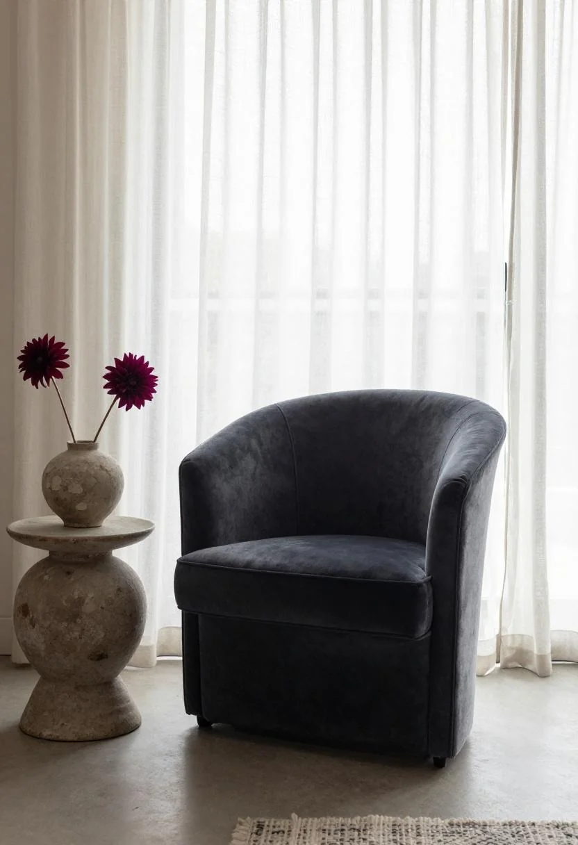 Plum dahlia arrangement in a stoneware vase beside a velvet armchair in soft overcast light