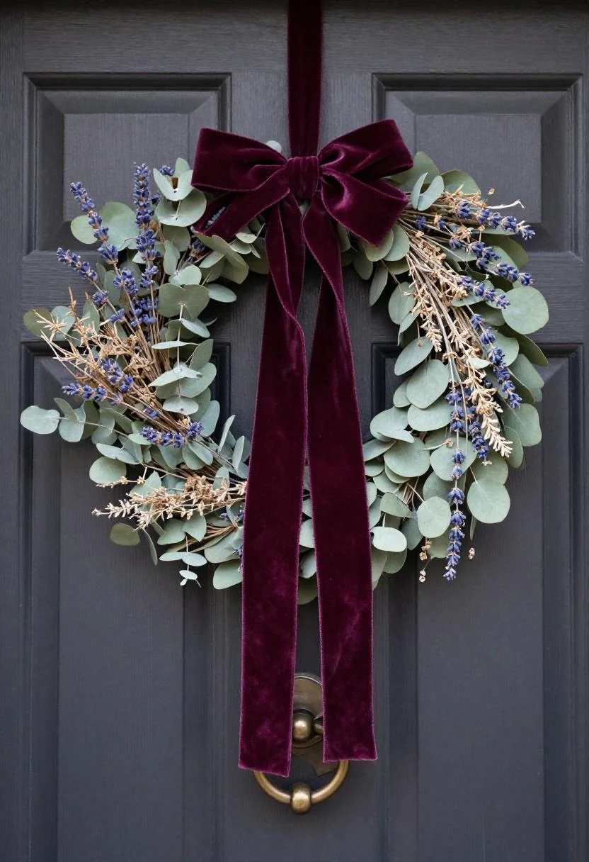 Plum velvet ribbon wreath on a dark walnut door with minimalist brass knocker