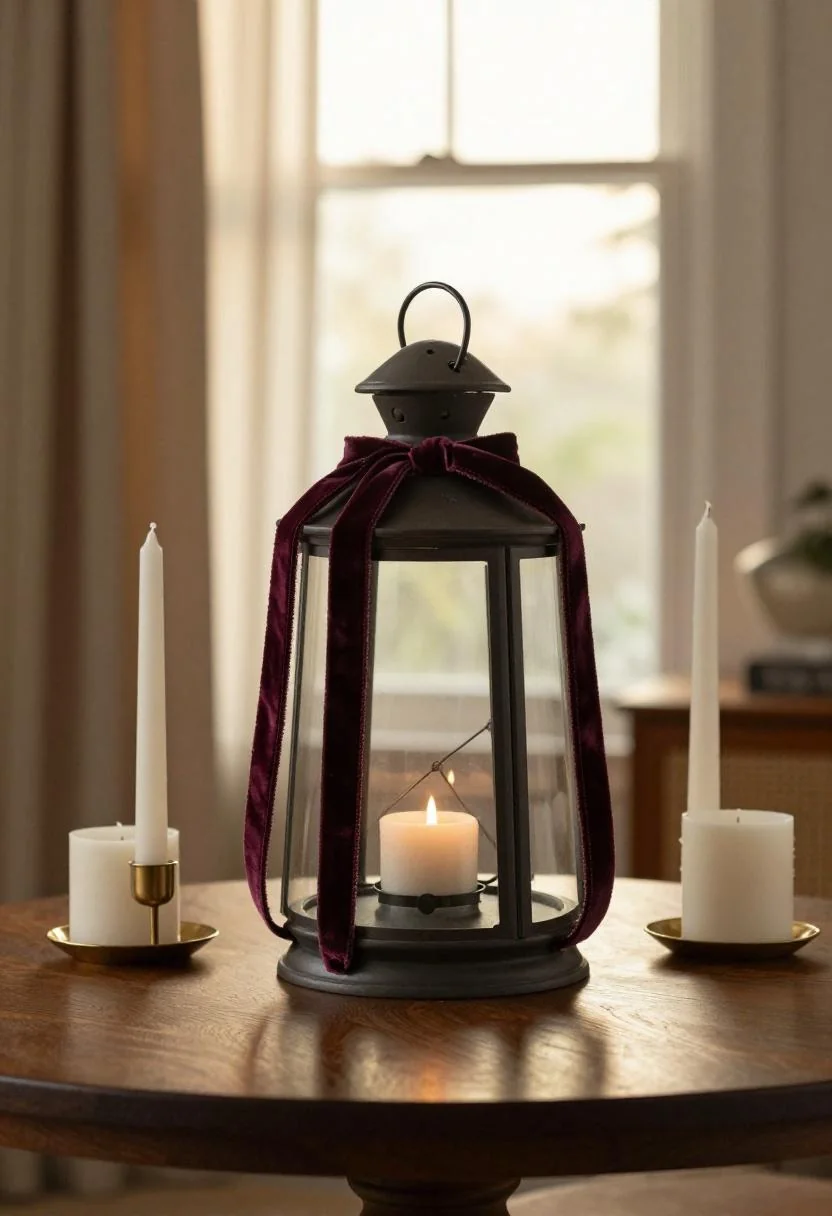 Plum velvet ribbon and brass candleholders create a dramatic Neo Deco Fourth of July table centerpiece