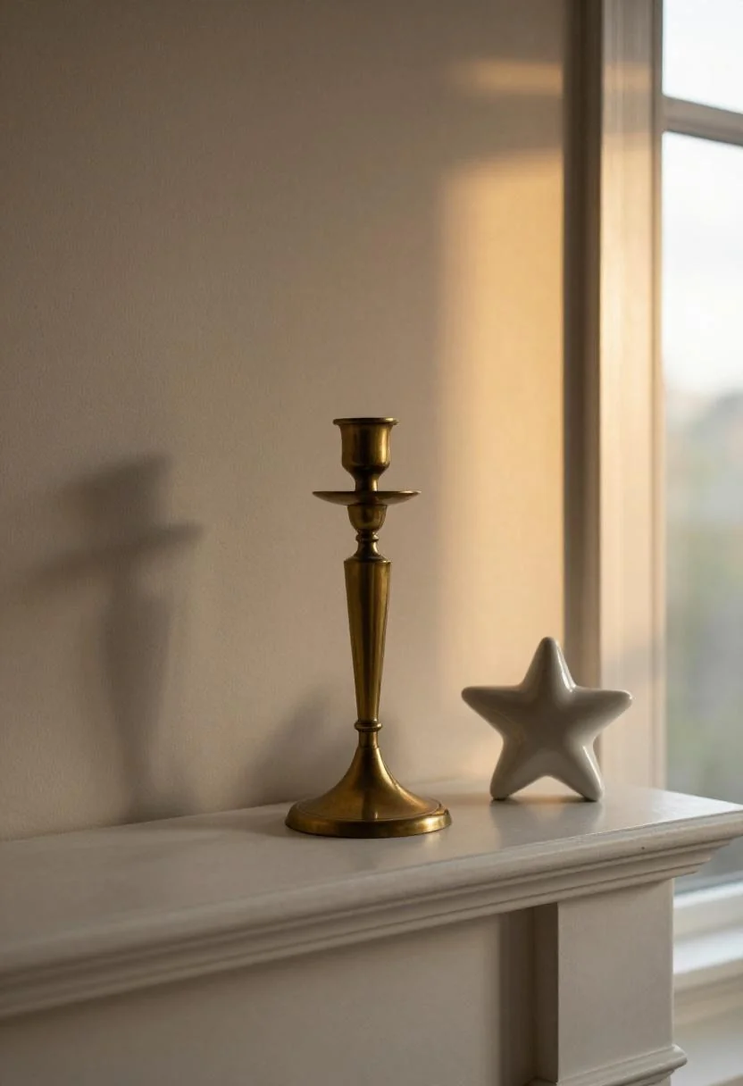 Plum Noir velvet mantel with brass candlestick and ceramic star vase for a Neo Deco patriotic display