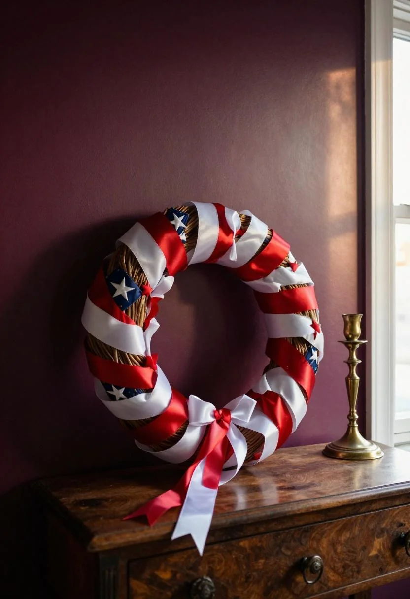 Patriotic wreath displayed on a walnut console table against a dramatic plum noir accent wall