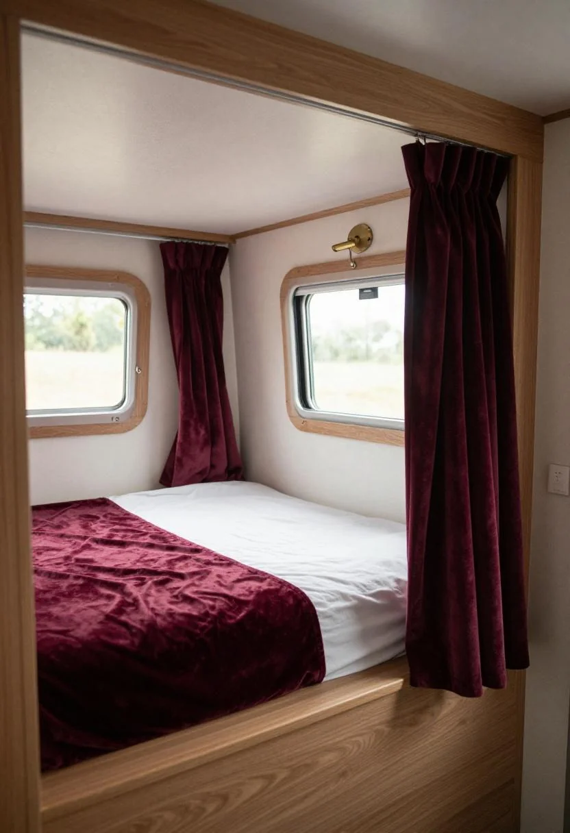 Cozy camper sleeping alcove with plum velvet curtains and built-in walnut platform bed