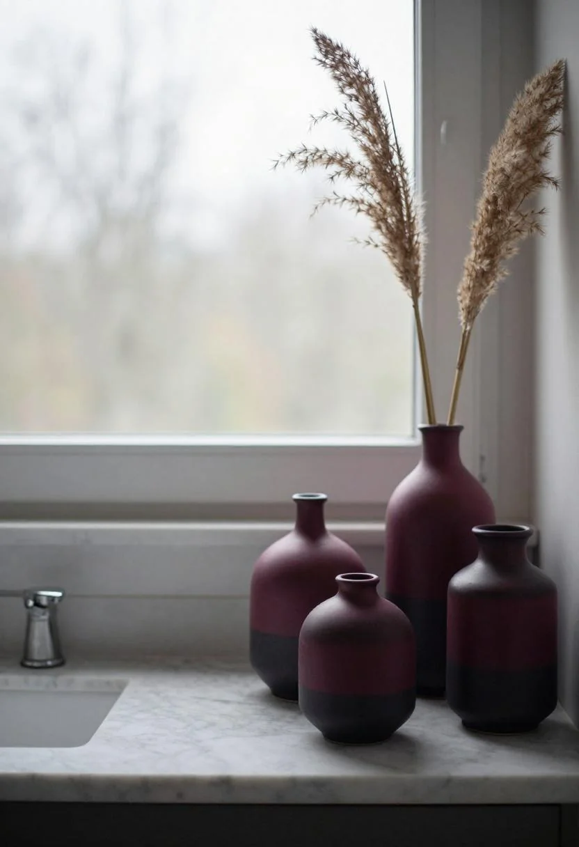 Graduated cement vases in plum noir tones styled on a bathroom shelf with dried stems