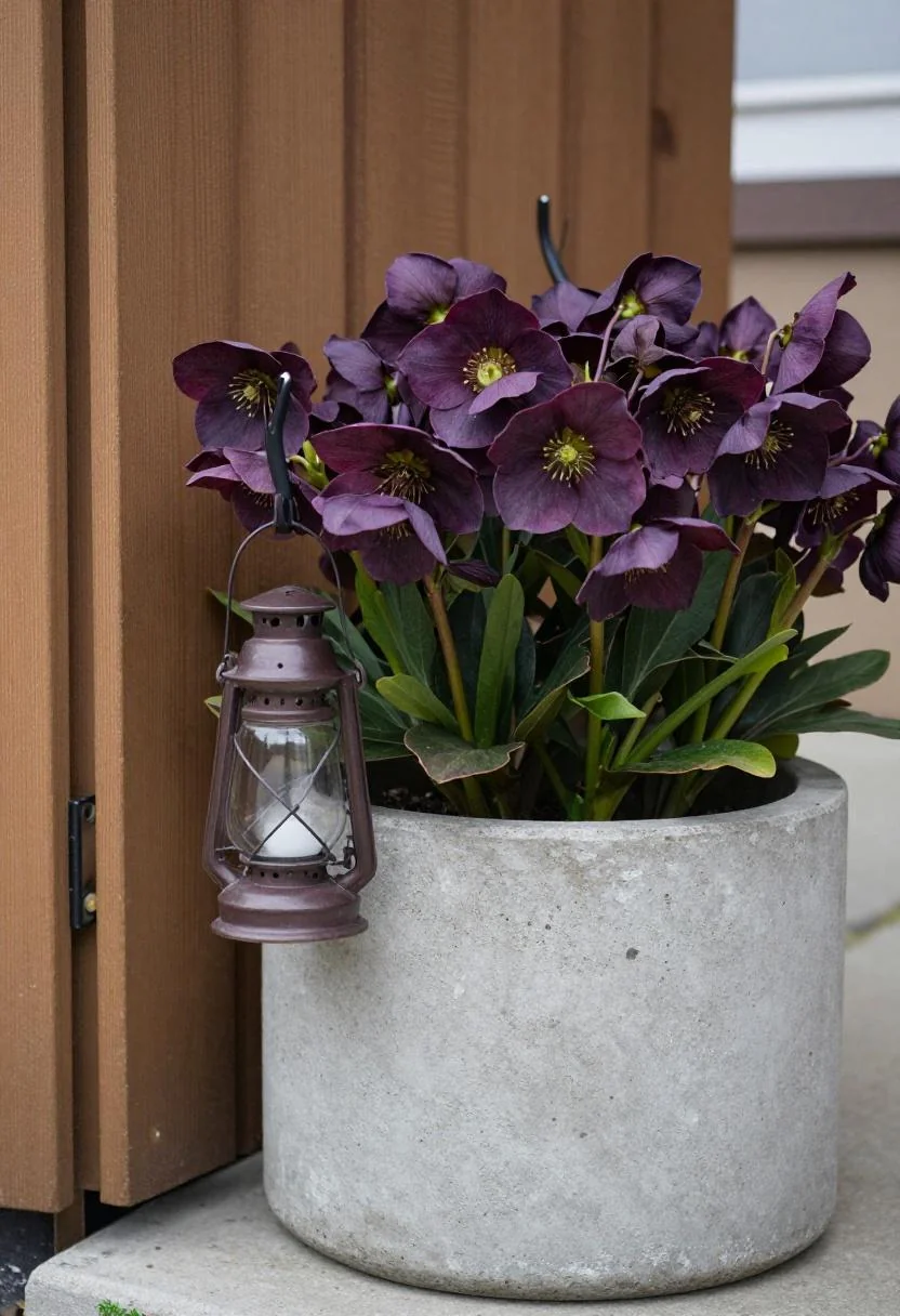 Concrete planter with hellebores and plum glass lantern in a moody garden corner with Plum Noir tones
