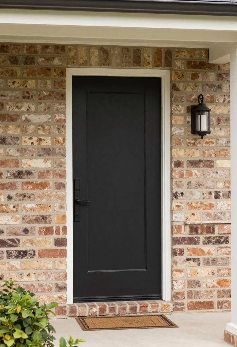 Plum noir steel door against original brick with a cast-iron wall sconce at the entry
