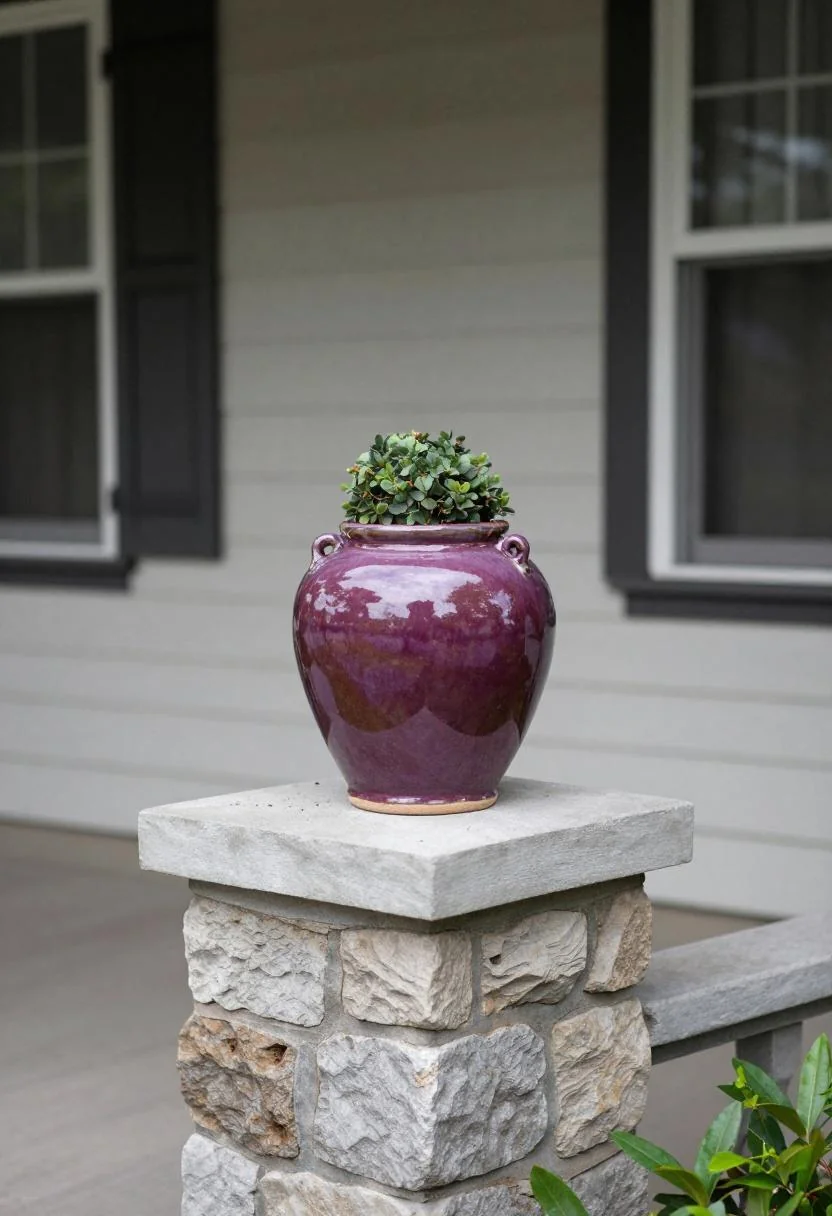 Plum noir glazed ceramic pot with boxwood beside a stone Craftsman column