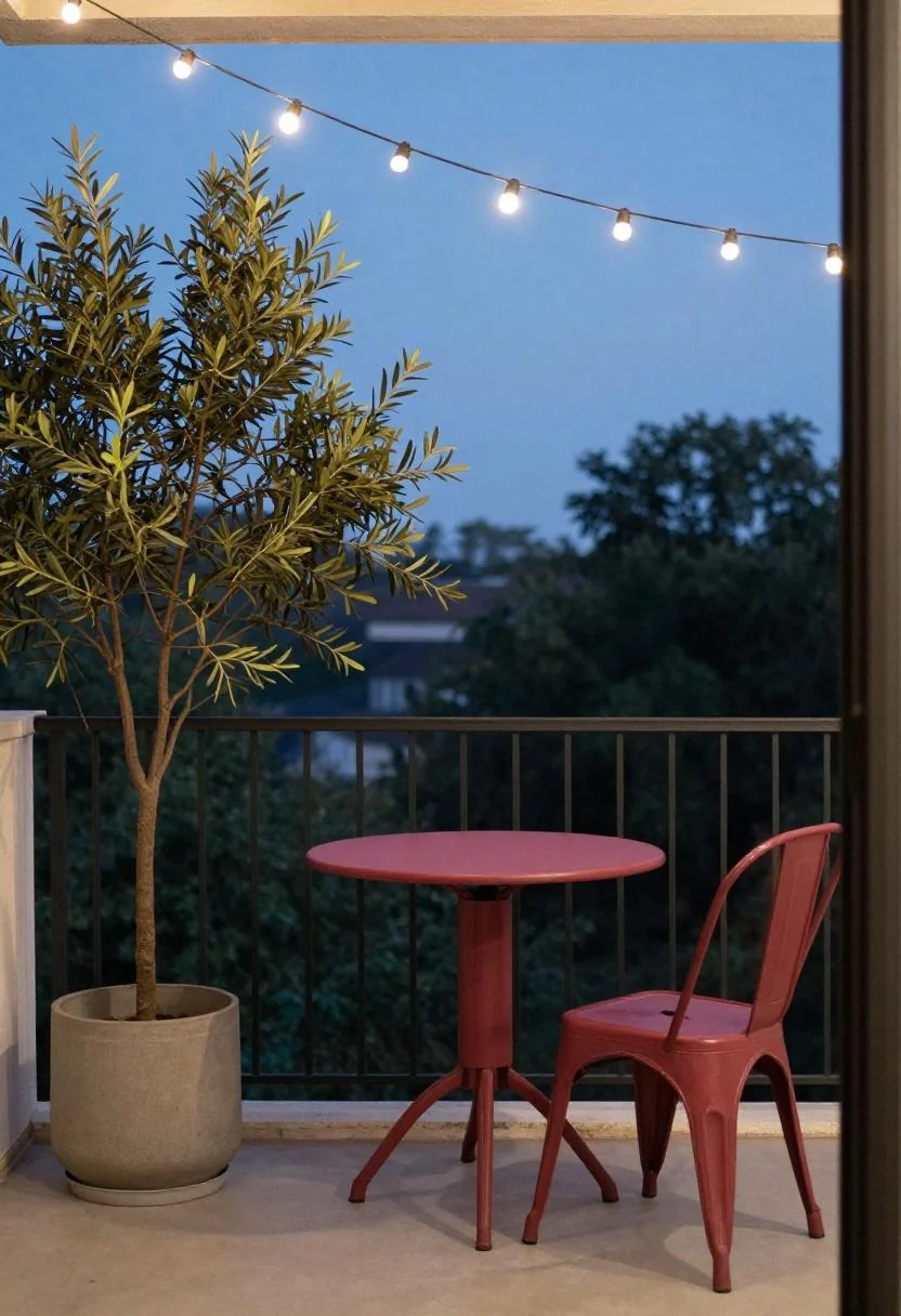 Plum noir steel bistro set and olive tree on a duplex balcony lit by dusk string lights
