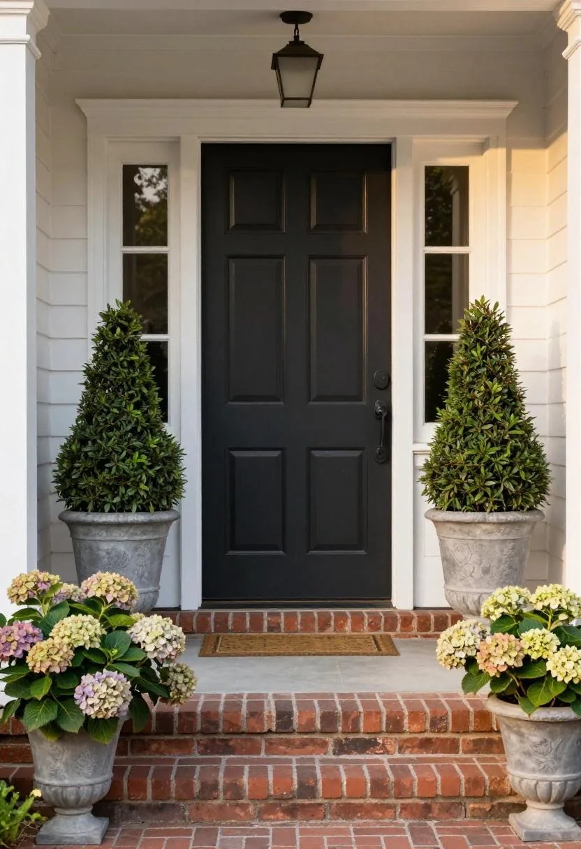 Stone planters with topiaries and plum hydrangeas flanking brick steps on a Colonial Southern entry in Plum Noir tones