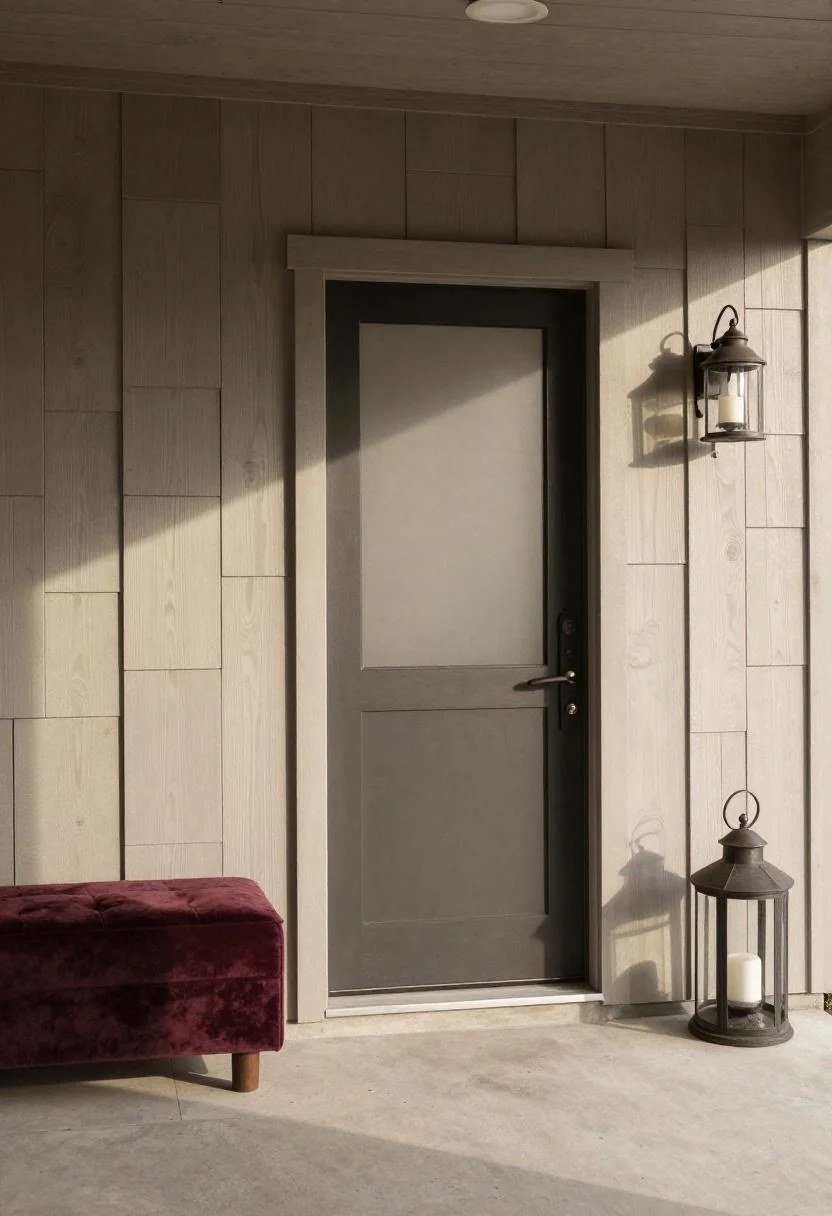 Plum velvet bench and iron lantern flanking a shiplap barndominium entry