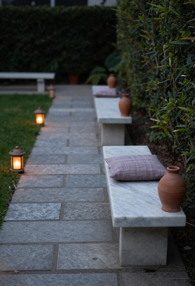Stone garden path at dusk with terracotta lanterns and a plum noir cushioned marble bench