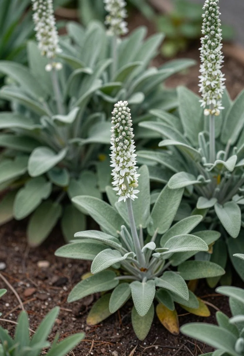 A plum allium bloom emerging from a cottage border mix of sage and lamb's ear foliage