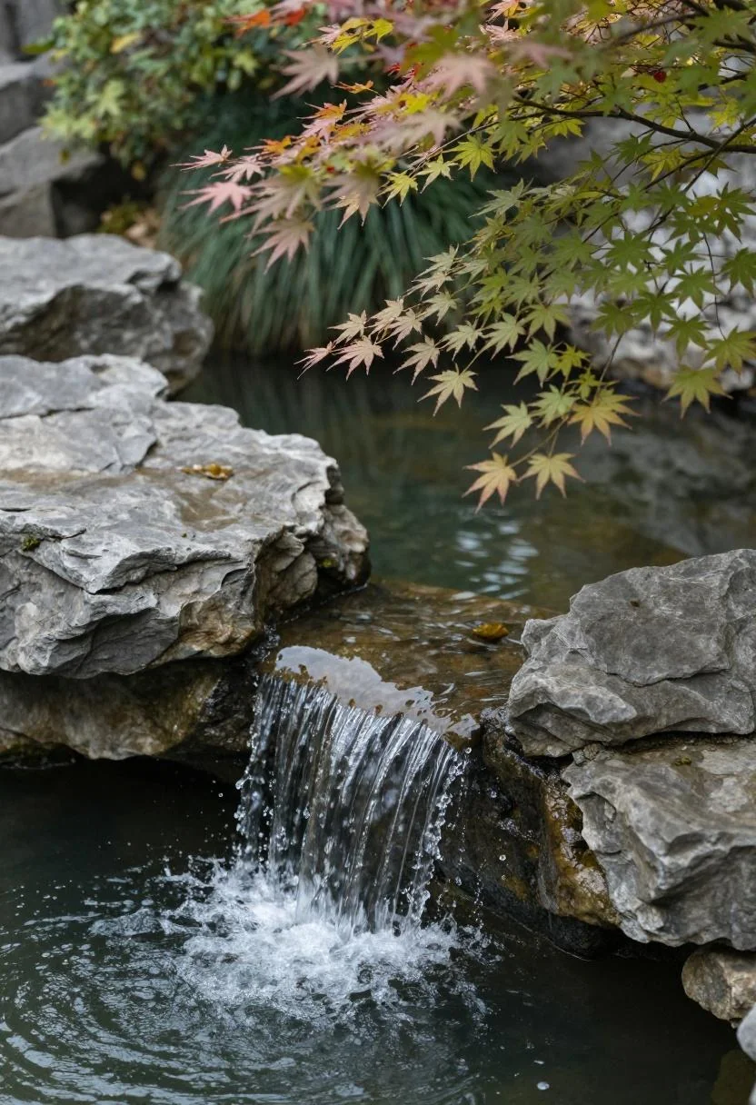 Stacked fieldstone waterfall with Japanese maple casting plum tones over the water