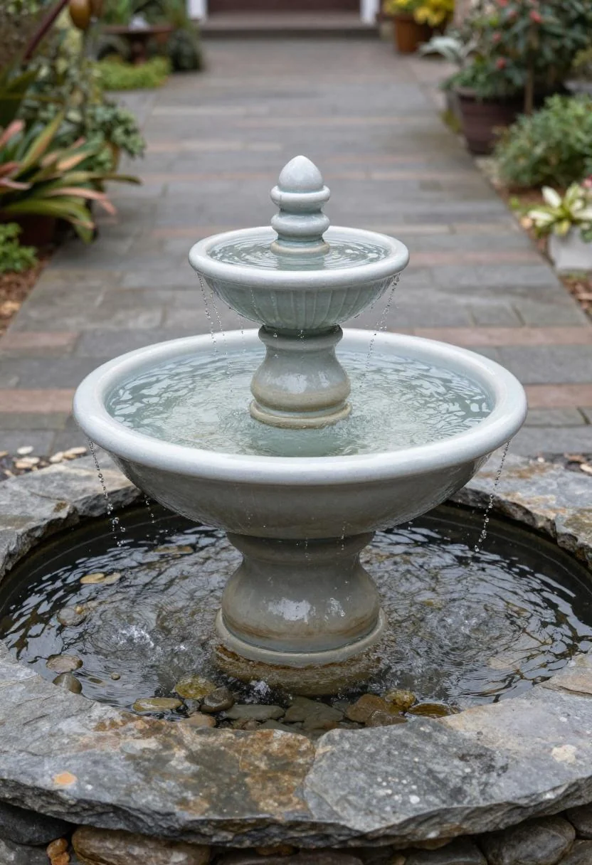 Deep plum ceramic pot fountain spilling water over river stones along a slate garden path