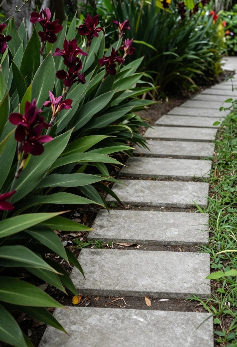 Deep burgundy canna lilies lining the left border of a concrete stepping stone garden path at midday