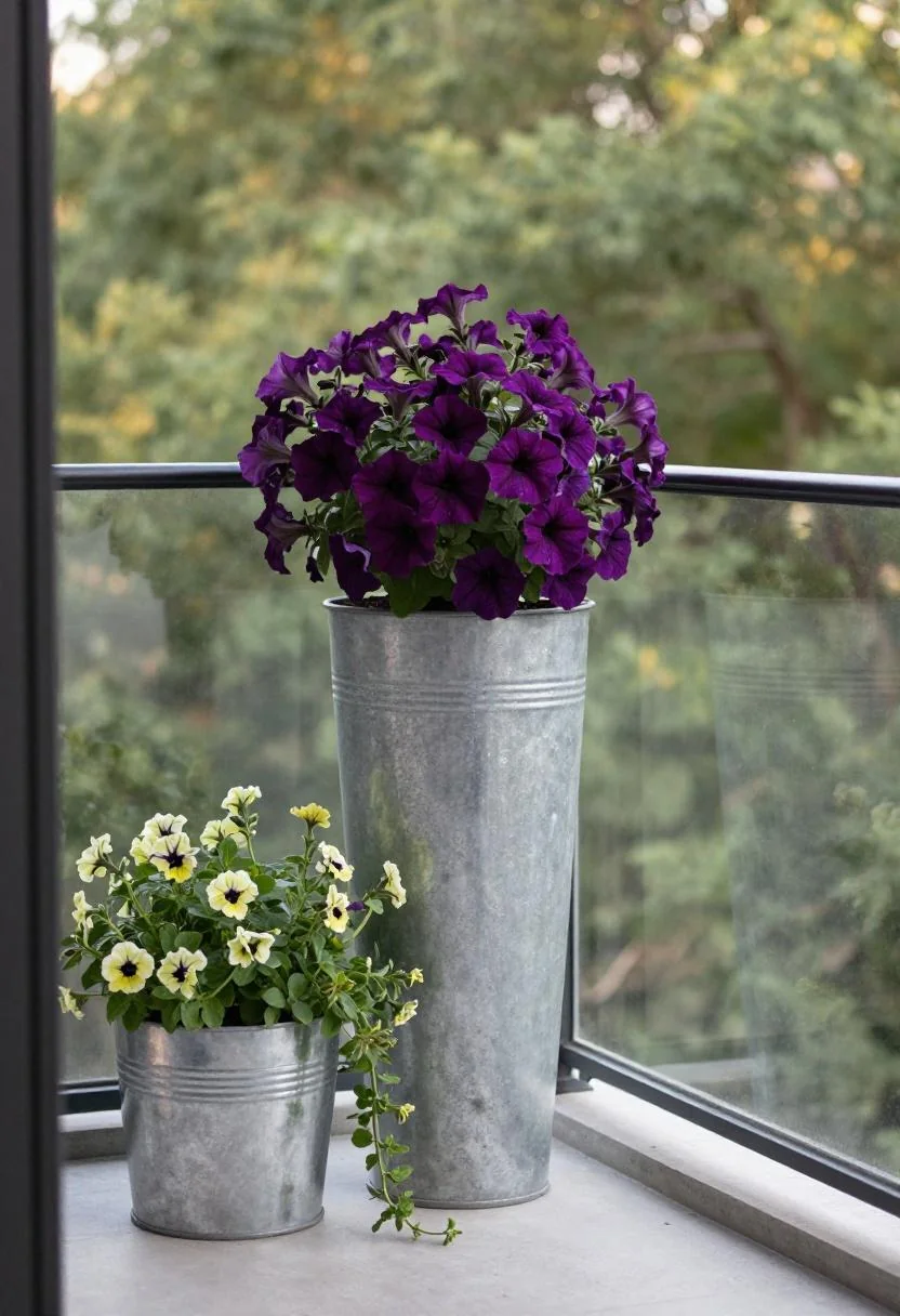 Zinc planters of purple petunias and trailing verbena on a modern concrete balcony at golden hour