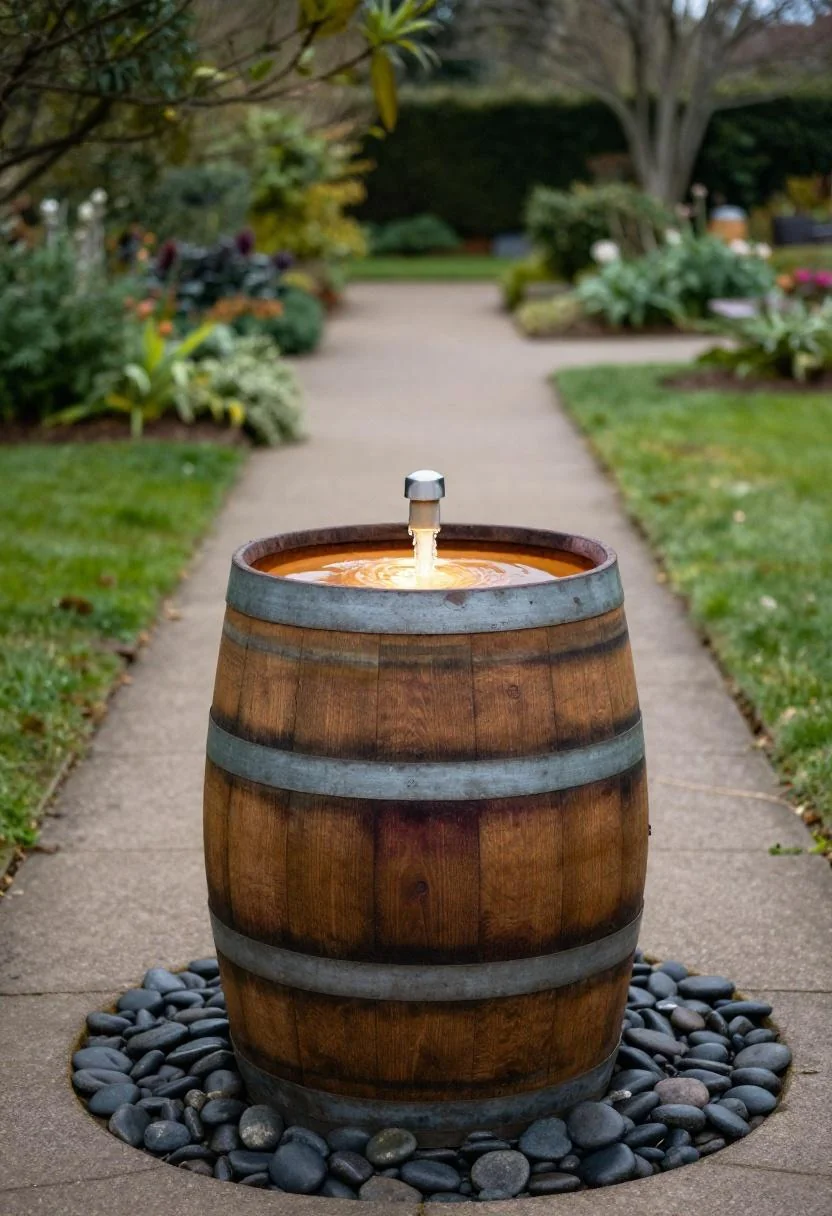 Upcycled whiskey barrel fountain with plum-toned interior on a garden path border