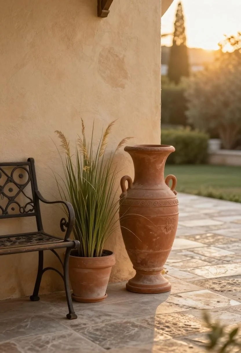 Plum-glazed terracotta urn with ornamental grass anchoring a Mediterranean patio corner at golden hour