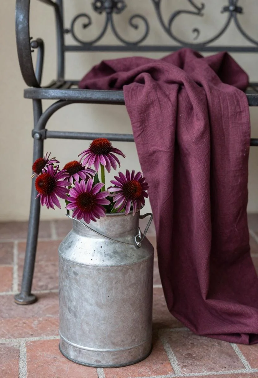 Iron milk can overflowing with plum echinacea on a brick patio corner