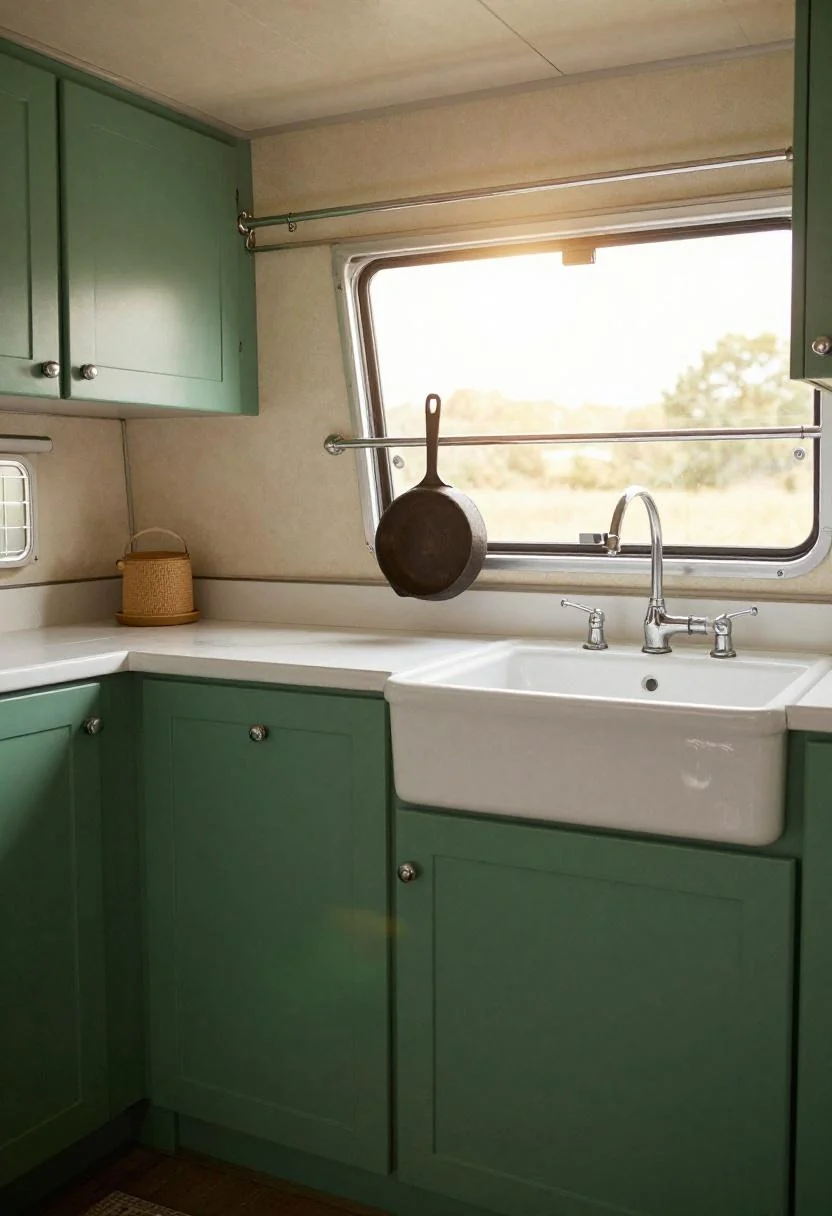 Vintage camper kitchenette with jade green cabinetry and white enamel sink
