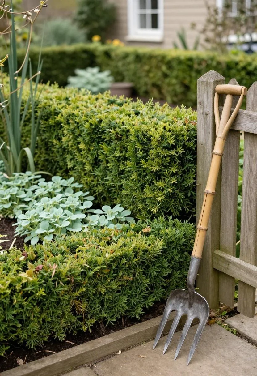Lady's mantle and boxwood hedging forming a lush jade border along a cedar fence