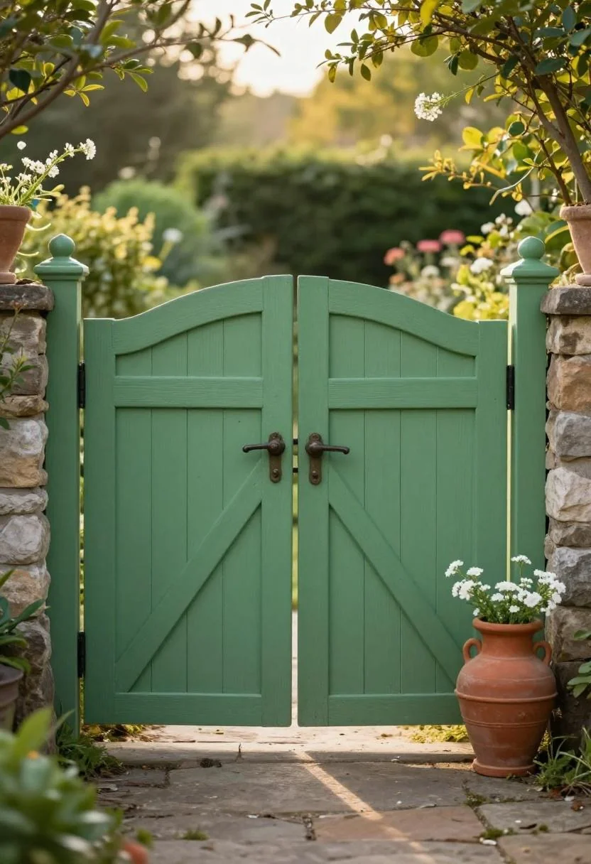 Jade green garden gate open to a cottage path with white alyssum urn