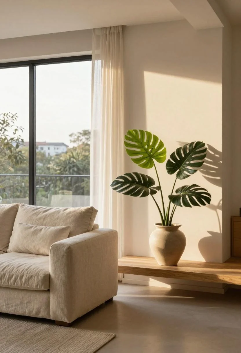 Jade green tropical arrangement on a low oak shelf in a golden-hour Japandi living room