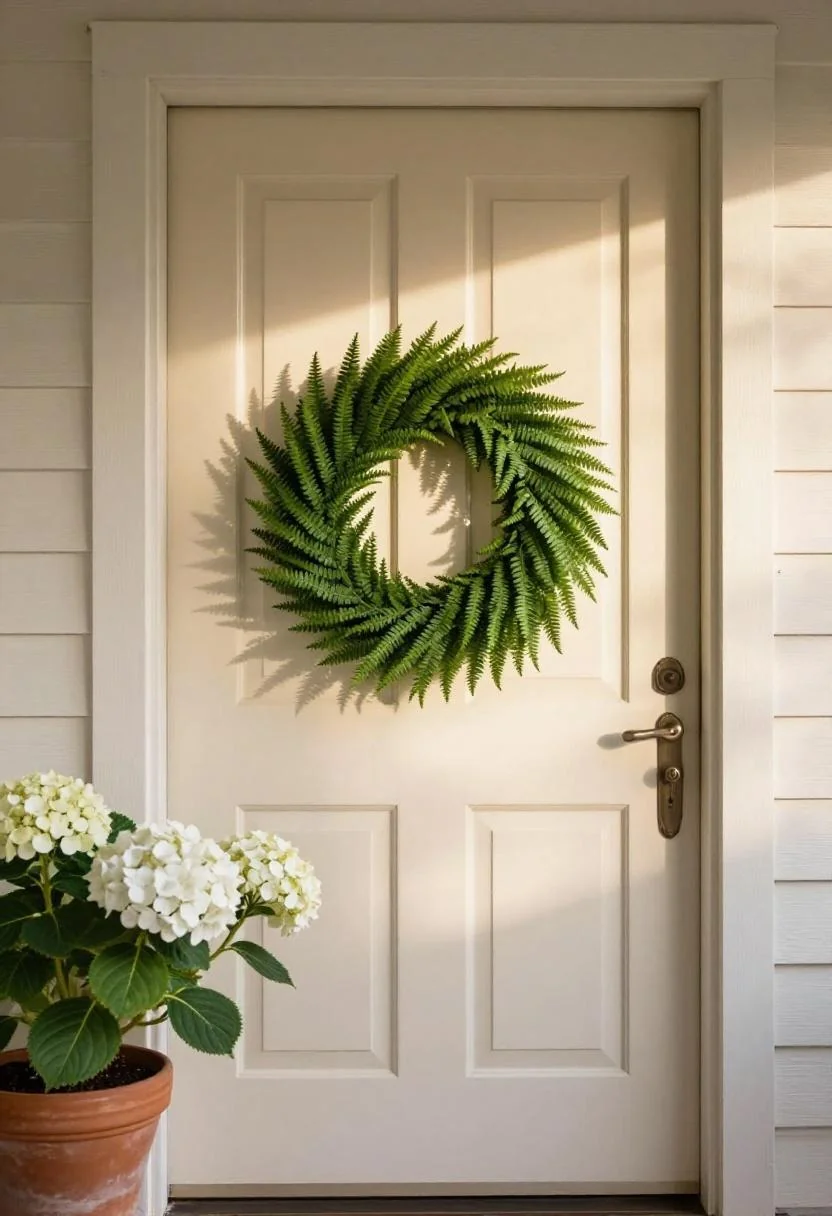 Jade fern and boxwood wreath on cream shiplap door with terracotta hydrangea pot