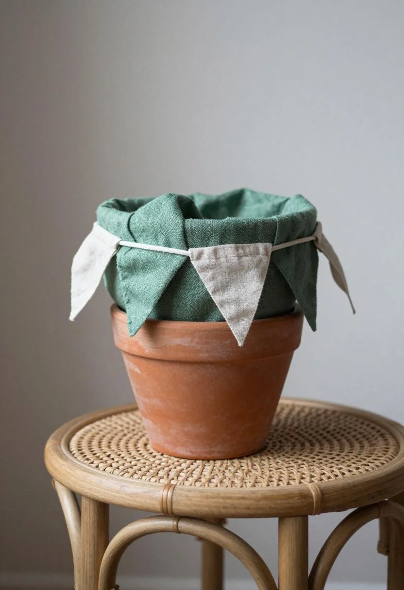 Jade green burlap-wrapped terracotta pot with linen flag bunting on a rattan tray