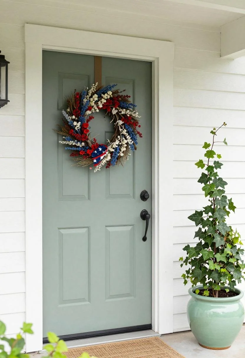 Cottagecore-style patriotic wreath hanging on a sage green door with jade ceramic ivy pot nearby