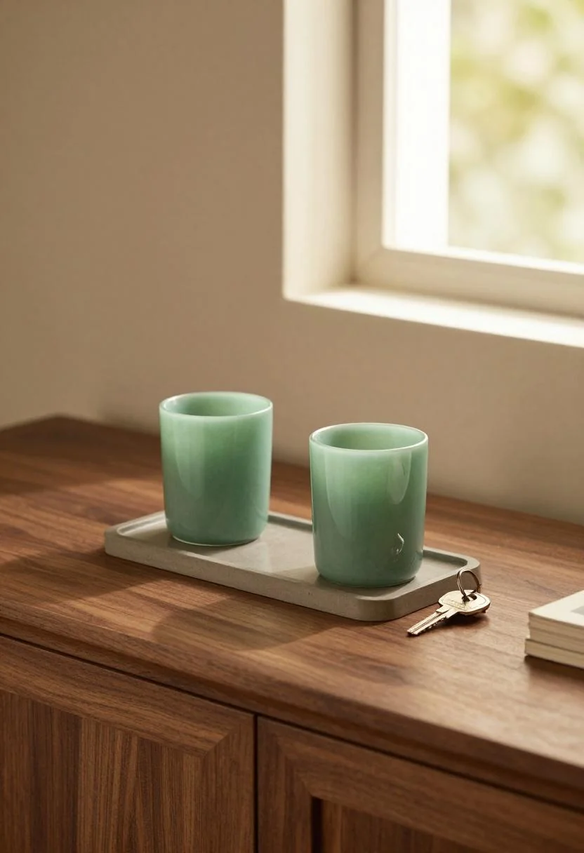 Concrete catchall tray styled with jade green tea lights on an entryway console