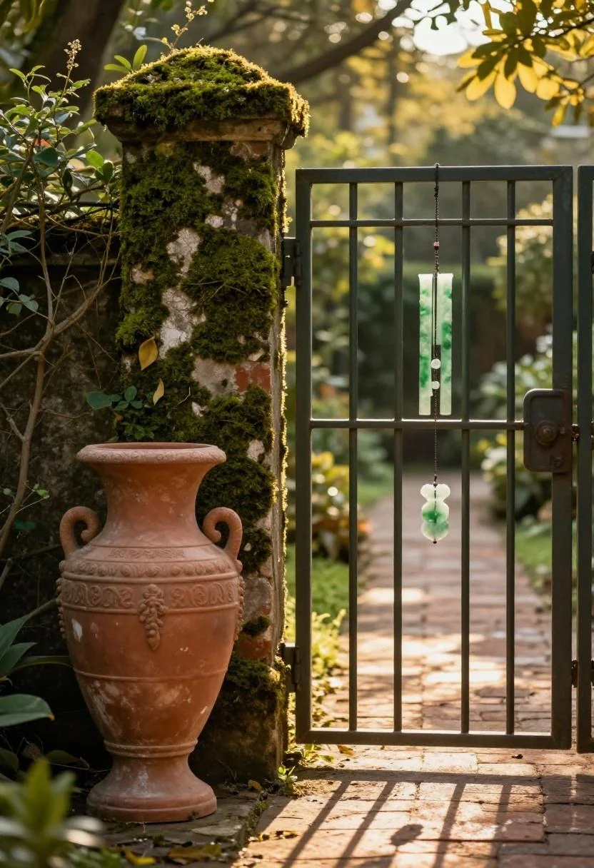 Moss-covered urn and jade wind chime framing a garden gate at golden hour in jade green tones