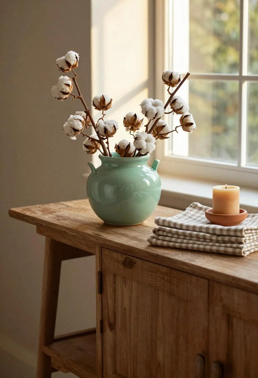 Cottagecore sideboard with jade green ceramic crock and gingham tablecloth