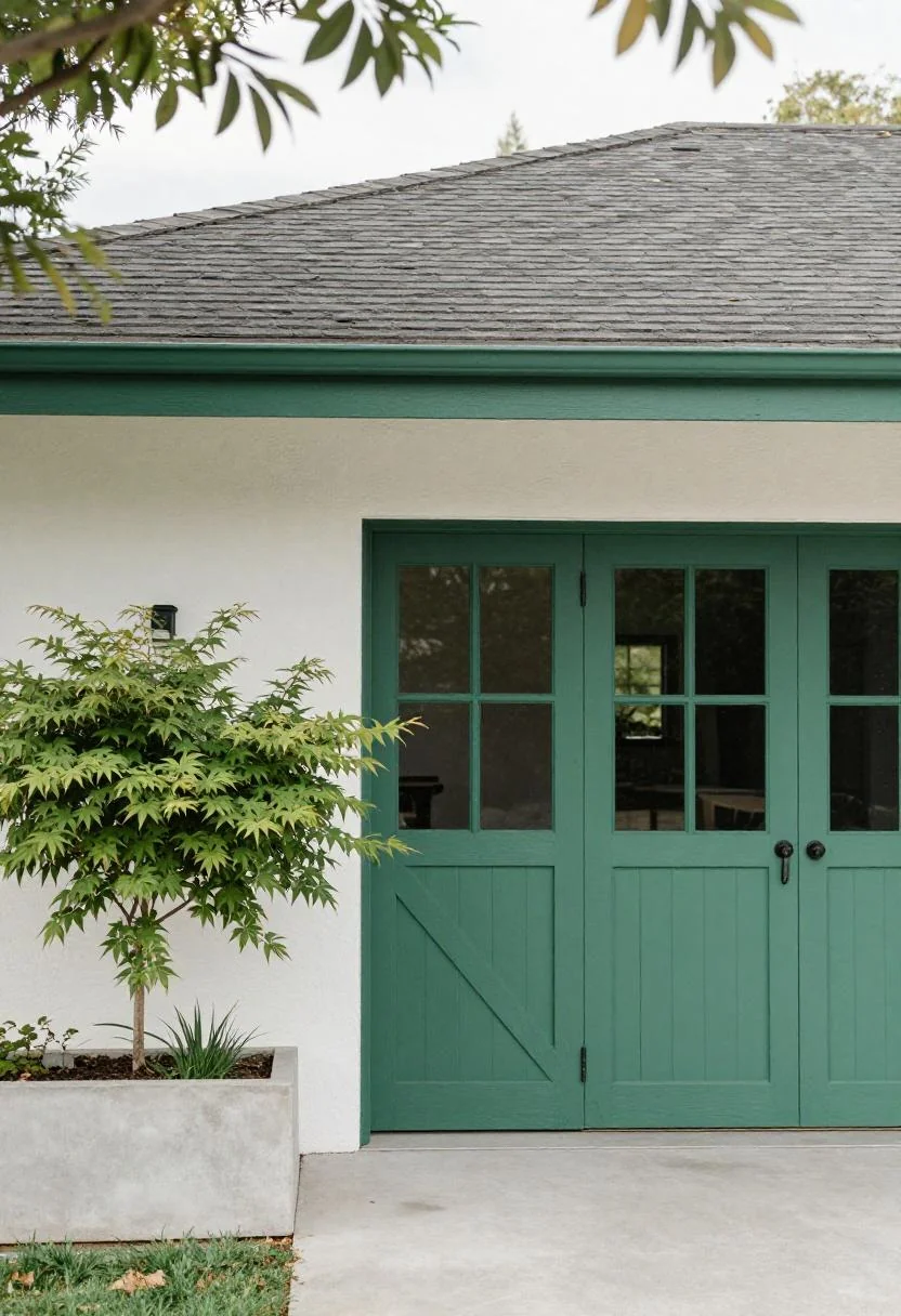 Jade green fascia trim on a ranch roofline with a Japanese maple in a concrete raised bed