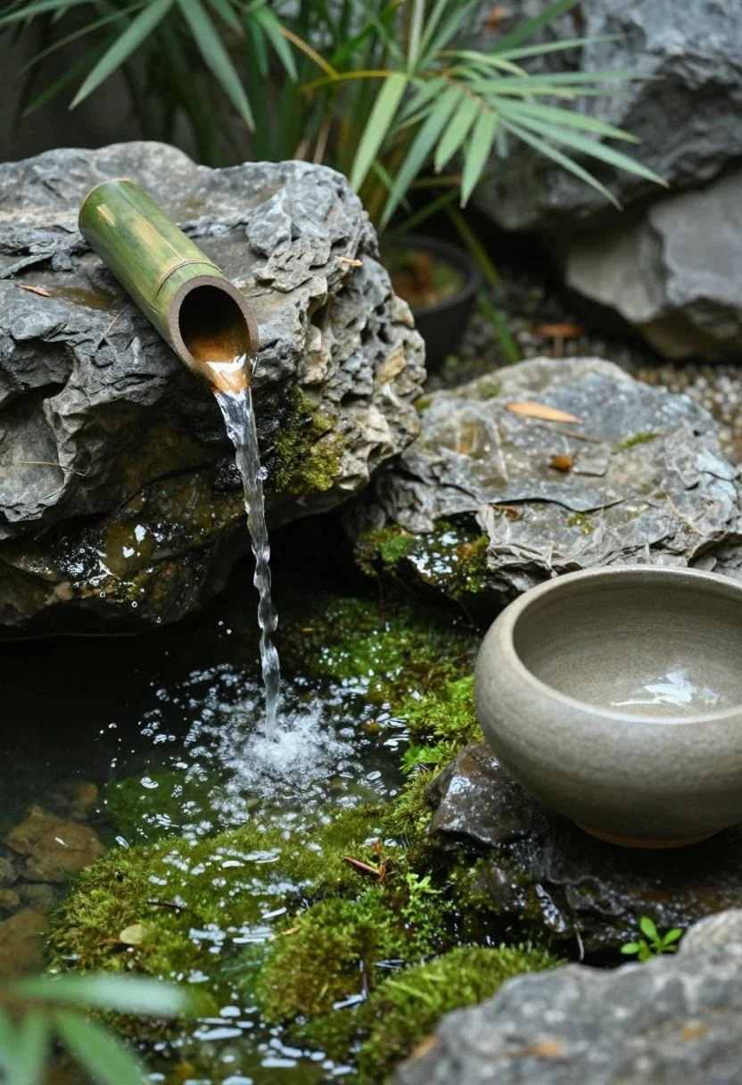 Bamboo spout waterfall over moss-covered granite stones in a Japanese zen garden