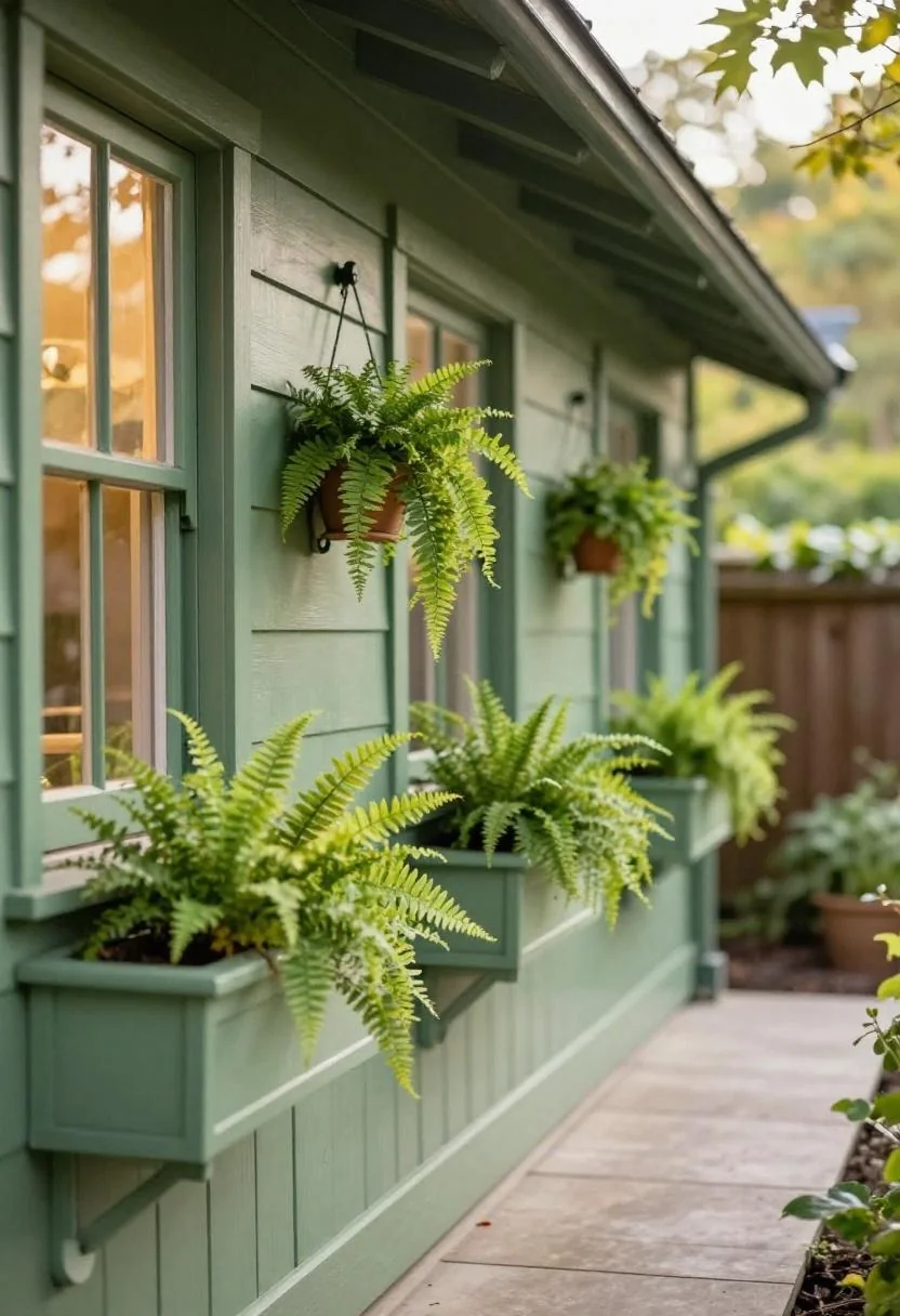 Jade green window boxes with trailing ferns along a Craftsman bungalow garden path at golden hour
