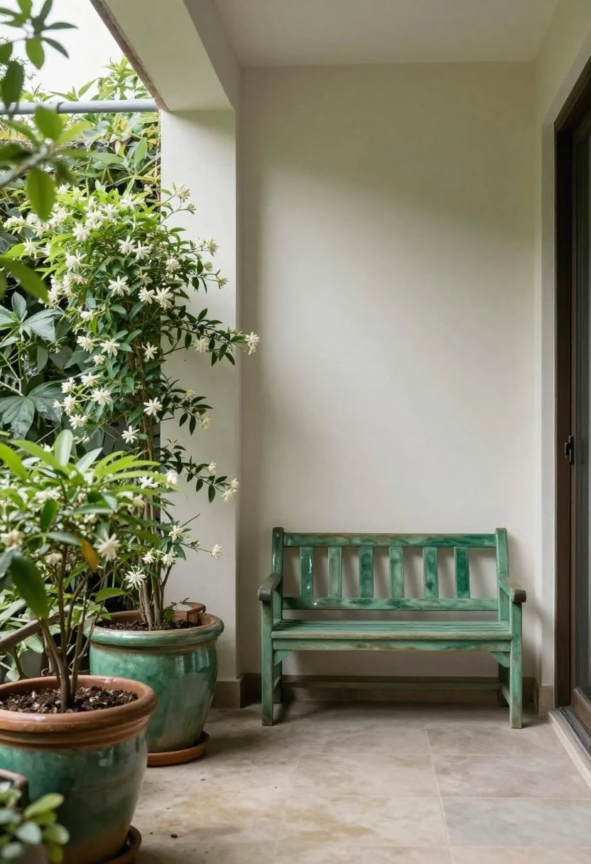 Jade green jasmine pots and teak bench along a duplex patio garden wall