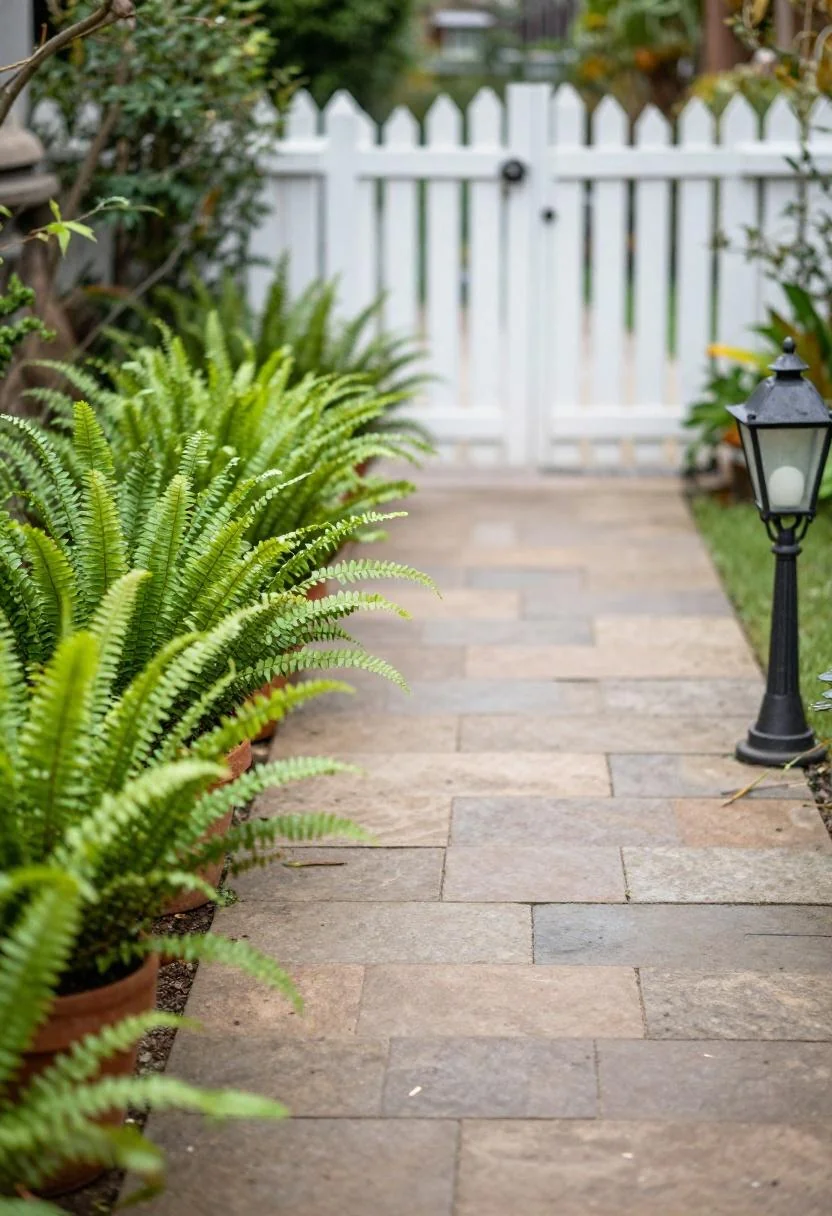 Lady ferns and iron lantern lining a flagstone garden path to a cottage gate in jade green tones