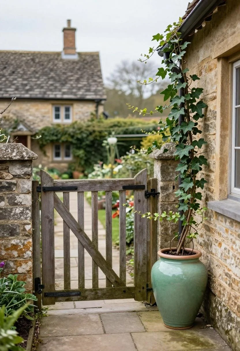 Stone garden path with a jade ceramic pot beside a rustic barn gate