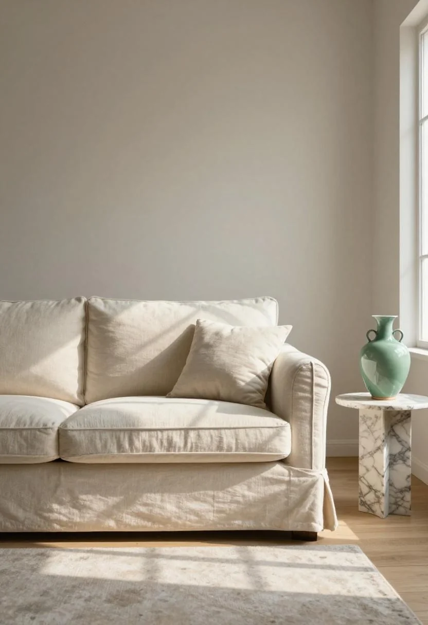 White cotton slipcovered sofa with jade green ceramic vase in a bright coastal living room
