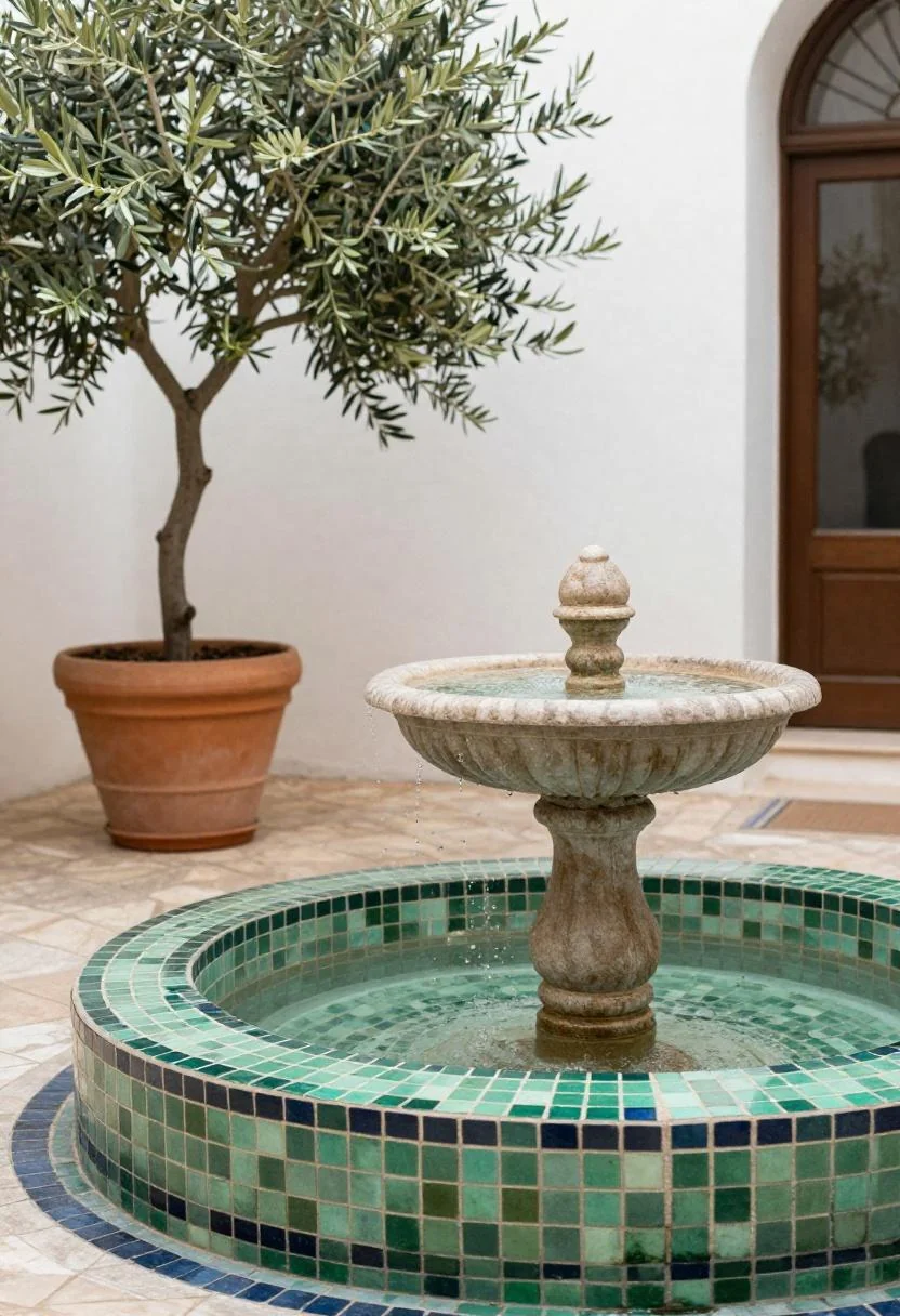 Courtyard fountain with jade green mosaic tiles and an olive tree in a terracotta pot