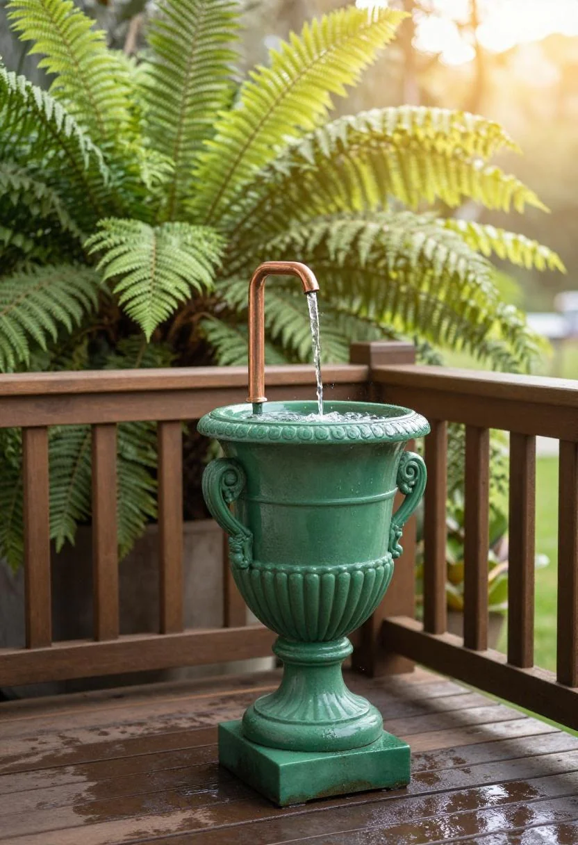 Jade green urn fountain with copper spout glowing in golden hour light beside a wooden deck railing